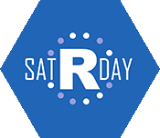 SatRday logo: white text on a blue, hexagonal, background